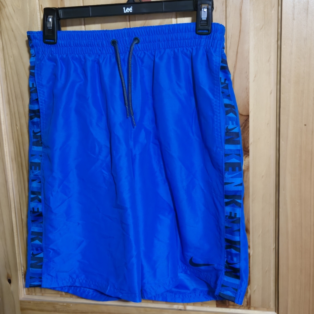 Nike Mens S Small LOGO Tape 9" Inseam Volley Swim Trunks Shorts Blue Lined